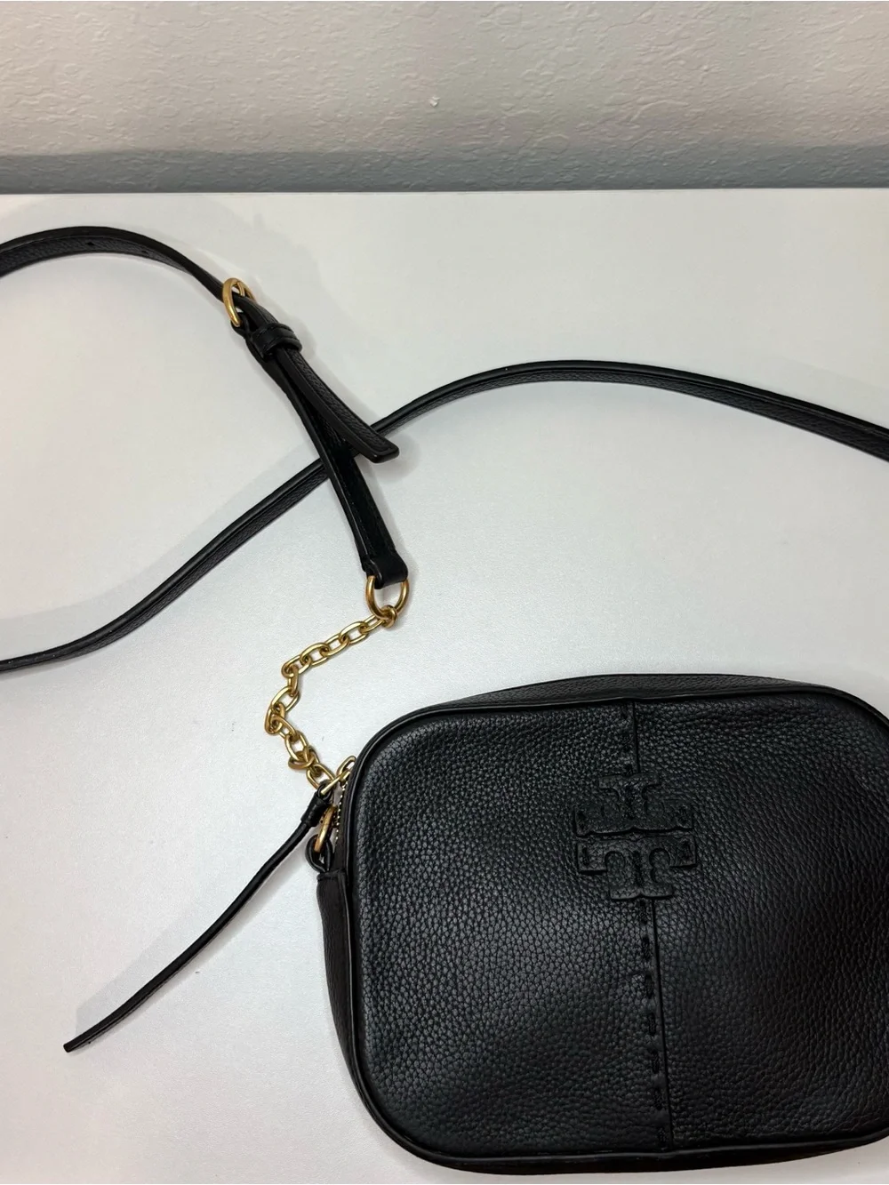Tory Burch Black Pebbled Leather McGraw Camera Crossbody Bag gold hardware